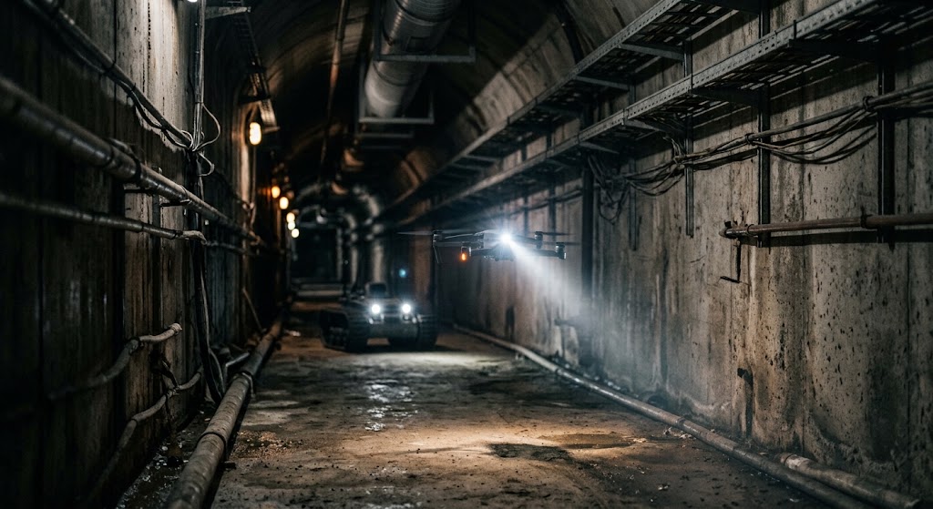 Drone and ground robot working a utility tunnel (illustration)